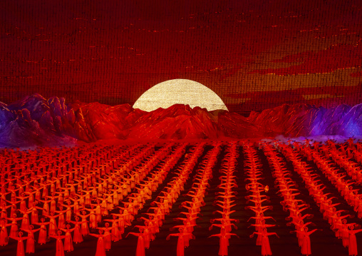 North Korean women dancing in front of Mount Paektu during Arirang, DGC, Pyongyang, North Korea