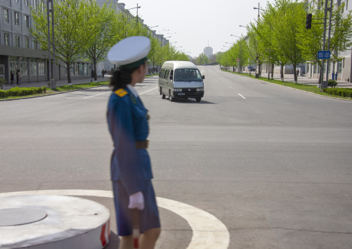 North Korean female traffic security officer in the street, DGC, Pyongyang, North Korea