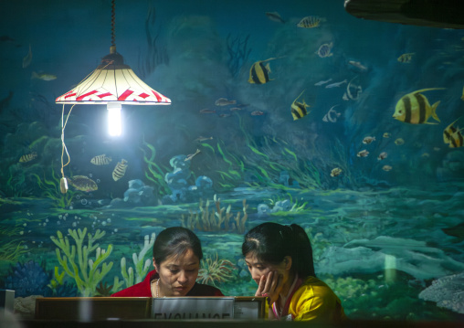 North Korean waitresses in a luxury restaurant, DGC, Pyongyang, North Korea