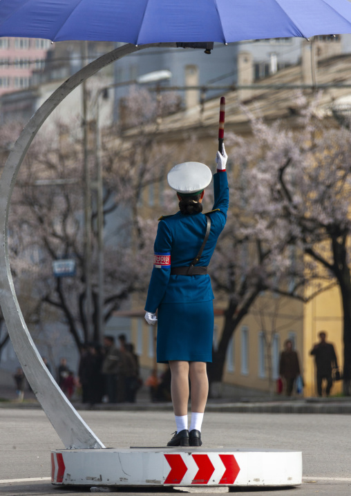 North Korean female traffic security officer in the street, DGC, Pyongyang, North Korea