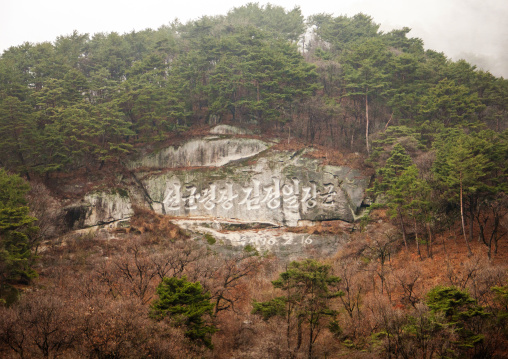 Carvings in the hill about Kim Jong il, Hyangsan county, Mount Myohyang, North Korea