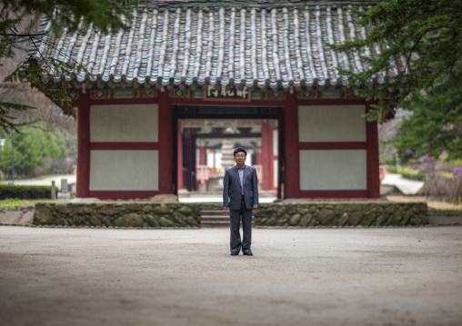 North korean guide in Pohyon-sa Korean temple, Hyangsan county, Mount Myohyang, North Korea