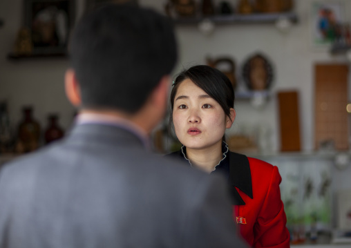 Portrait of a North Korean woman in a shop, Hyangsan county, Mount Myohyang, North Korea