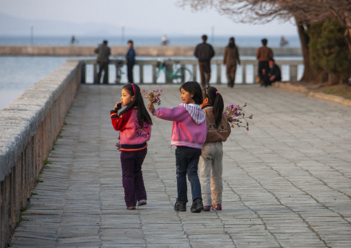North Korean girls with flowers in the street, Kangwon Province, Wonsan, North Korea