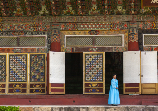 Woman in Pohyon-sa Korean buddhist temple, Hyangsan county, Mount Myohyang, North Korea