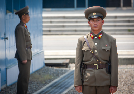 North Korean soldiers on the demarcation line in the DMZ, North Hwanghae, Panmunjom, North Korea