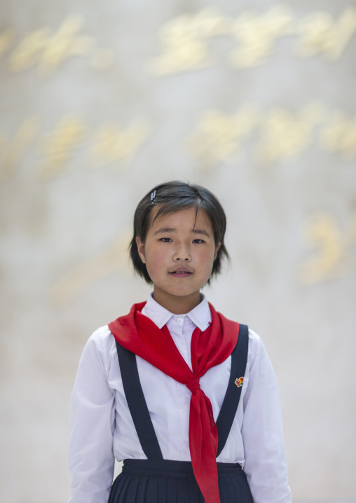 North Korean pioneer girl in the Mangyongdae children's palace, DGC, Pyongyang, North Korea
