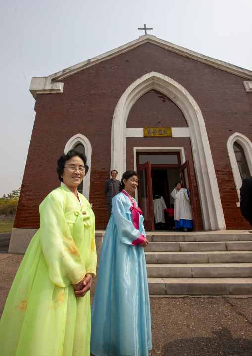 North Korean people in front of Chilgol protestant church, DGC, Pyongyang, North Korea