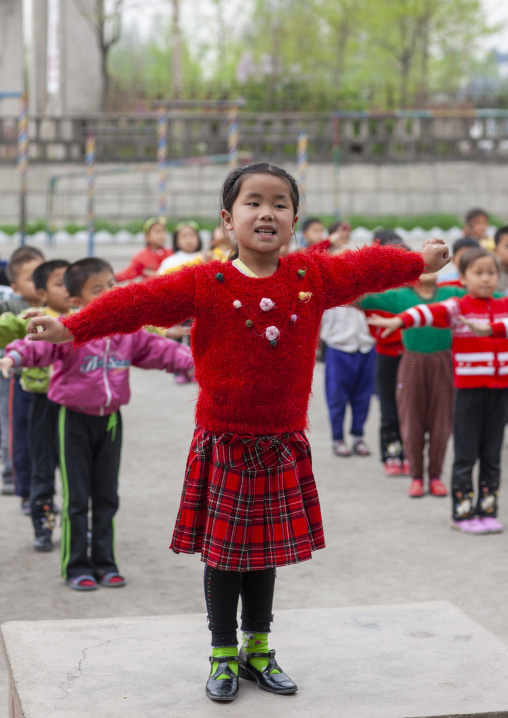 North Korean children making morning gymnastics at school, North Hwanghae, Kaesong, North Korea