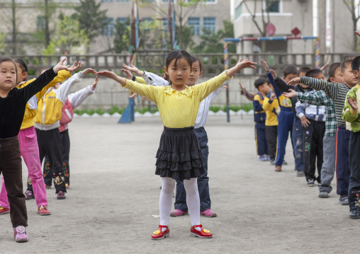 North Korean children making morning gymnastics at school, North Hwanghae, Kaesong, North Korea