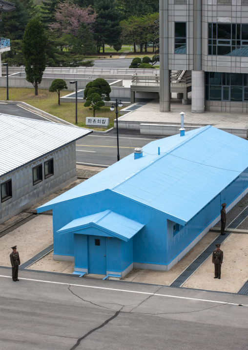 North Korean soldiers on the demarcation line in the DMZ, North Hwanghae, Panmunjom, North Korea