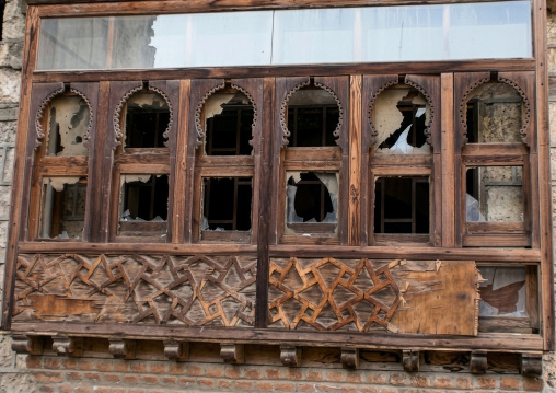 Broken wooden mashrabiya of a house in al-Balad, Mecca province, Jeddah, Saudi Arabia