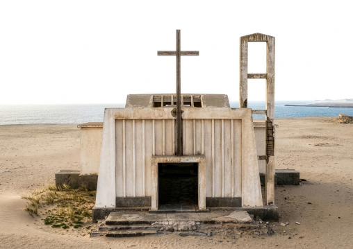 Aerial view of an abandoned church from the portuguese colonial times, Namibe Province, Tomboa, Angola