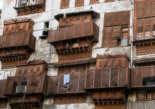 Wooden mashrabiya of an old house in al-Balad quarter, Mecca province, Jeddah, Saudi Arabia