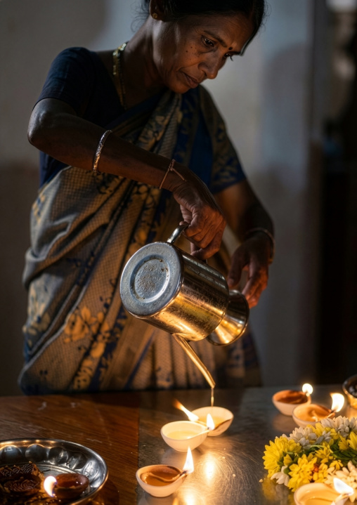 Indian woman offering candles in a temple, Central Region, Singapore, Singapore