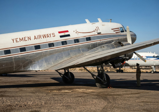 Yemen airlines Dakota plane on the airport runway, Djibouti town, Gulf of Tadjoura, Djibouti