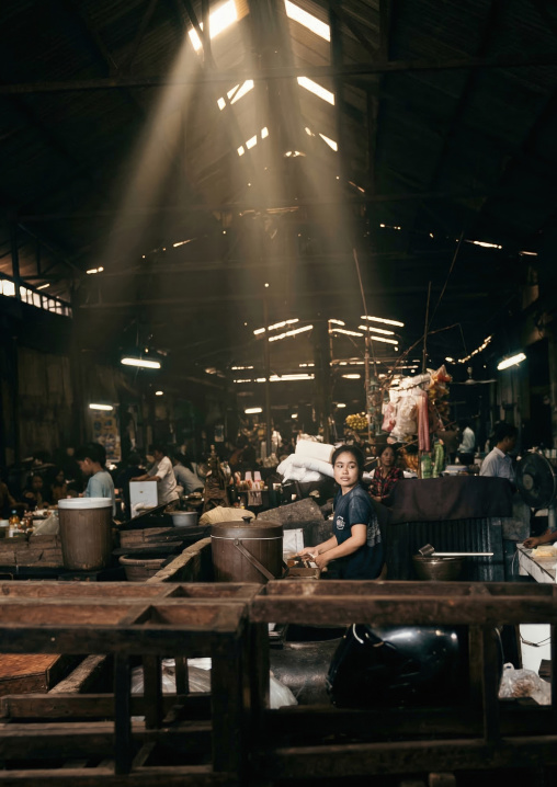 Restaurant inside a local market, Battambang province, Battambang, Cambodia