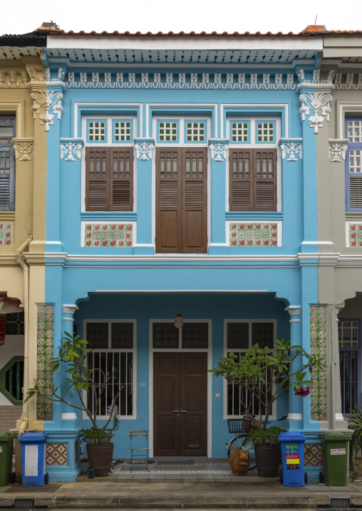 Blue heritage shophouses along Koon Seng Road, Central Region, Singapore, Singapore