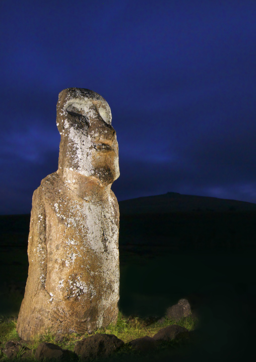 Monolithic moai statue at night at ahu tongariki, Easter Island, Hanga Roa, Chile
