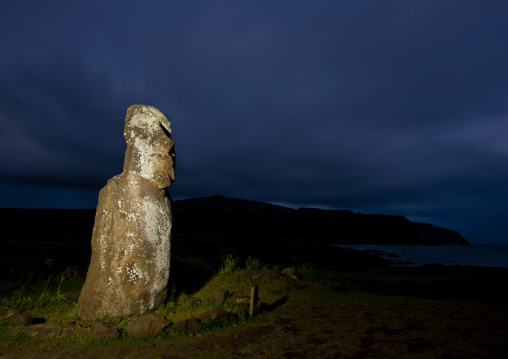 Monolithic moai statue at night at ahu tongariki, Easter Island, Hanga Roa, Chile