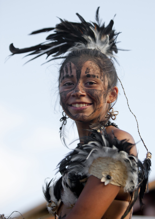 Beautiful woman during carnival parade during Tapati festival, Easter Island, Hanga Roa, Chile