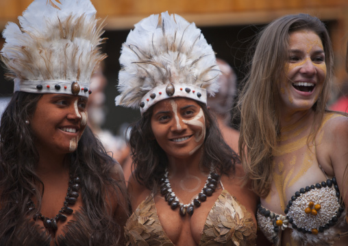 Beautiful women during carnival parade during Tapati festival, Easter Island, Hanga Roa, Chile