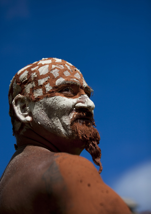 Man in carnival parade during tapati festival, Easter Island, Hanga Roa, Chile