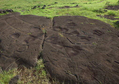 Canoe petroglyph in paka vaka rock art site, Easter Island, Hanga Roa, Chile
