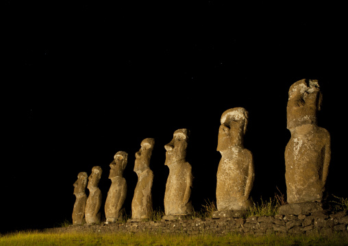 Illuminated moais, Easter Island, Ahu Akivi, Chile