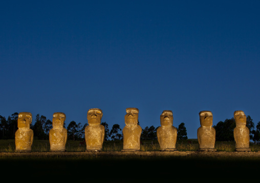 Illuminated moais, Easter Island, Ahu Akivi, Chile