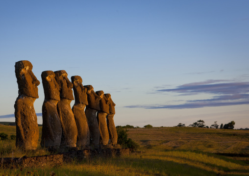 Moais in ahu akivi at sunset, Easter Island, Hanga Roa, Chile