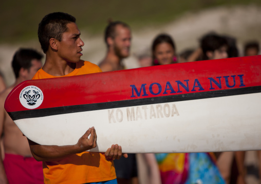 Tattooed men ready for canoe competition at anakena beach, Easter Island, Hanga Roa, Chile
