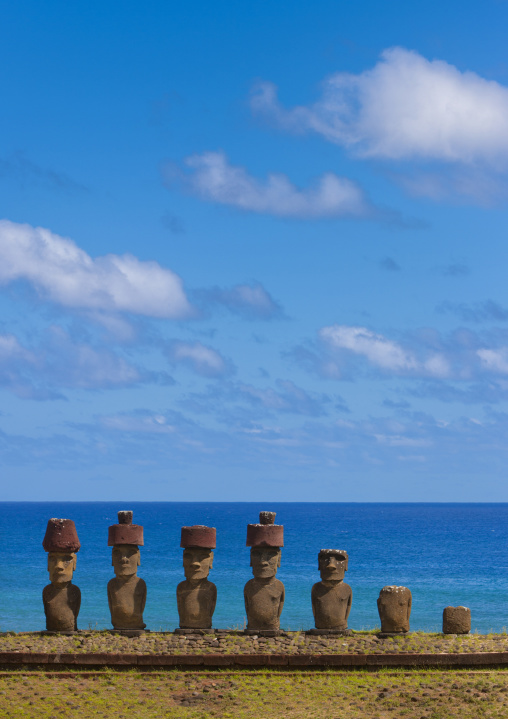 Moais in ahu nau nau at anakena beach, Easter Island, Hanga Roa, Chile