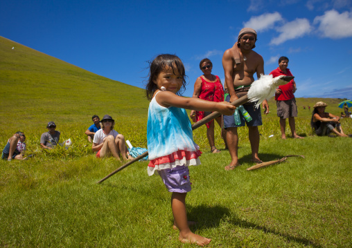 Kid during spear competition in Tapati festival, Easter Island, Hanga Roa, Chile
