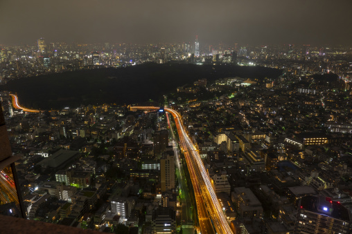 Aerial night view of Tokyo cityscape with illuminated highway an