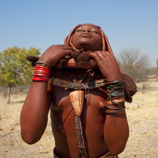 Himba Girl Called Manginete Ajusting Her Copper Necklace, Village Of Hoba Haru, Angola