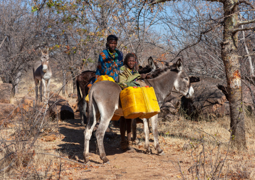 Muhacaona tribe women collecting water with their donkeys, Cunene Province, Oncocua, Angola