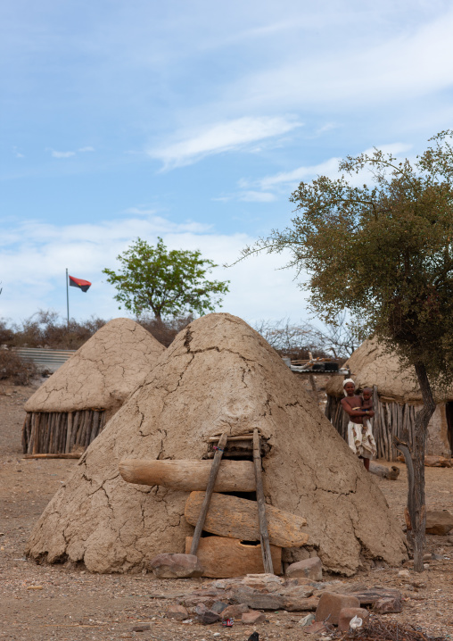 Mud huts in a traditional mucubal tribe village, Namibe Province, Virei, Angola