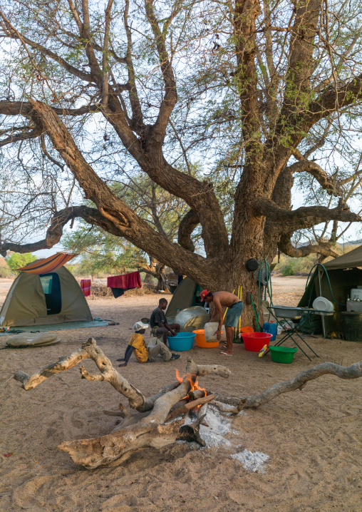 Tourists camping in the bush, Namibe Province, Virei, Angola