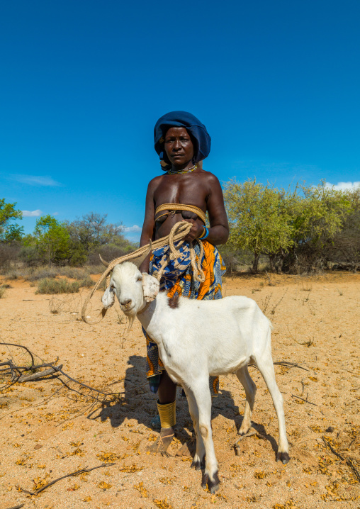 Mucubal tribe woman going to market with a goat, Namibe Province, Virei, Angola
