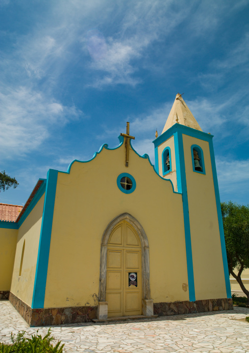 Blue and yellow church, Namibe Province, Tomboa, Angola