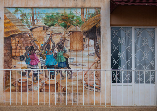 Mosaic depicting a rural scene in an angolan village on a balcony house, Huambo Province, Huambo, Angola