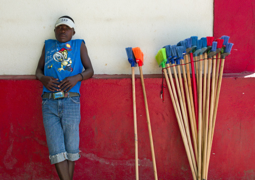 Young Man Selling Brooms In Namibe Town, Angola