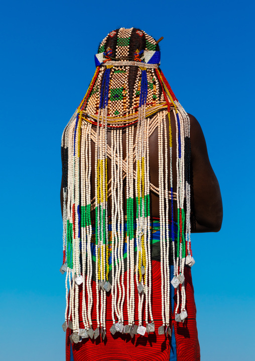Handa tribe woman with beaded headwear, Huila Province, Hoque, Angola