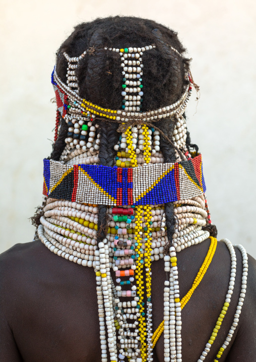 Handa tribe woman with beaded headwear, Huila Province, Hoque, Angola