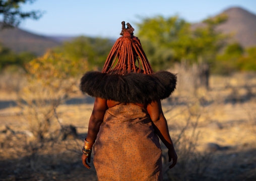 Himba tribe woman wearing a cow skin against the cold, Cunene Province, Oncocua, Angola