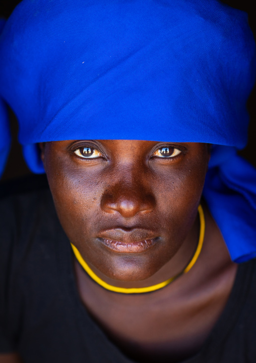 Cuepe tribe woman with a blue headwear, Cunene Province, Curoca, Angola