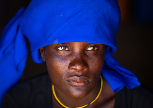 Cuepe tribe woman with a blue headwear, Cunene Province, Curoca, Angola