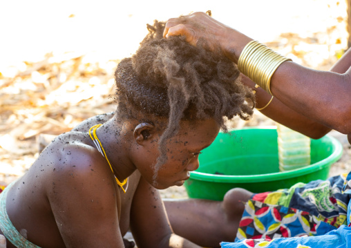Nguendelengo tribe woman puting oil in her hair to make traditional buns, Namibe Province, Capangombe, Angola