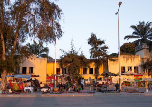 Market in front of old portuguese colonial houses, Benguela Province, Benguela, Angola